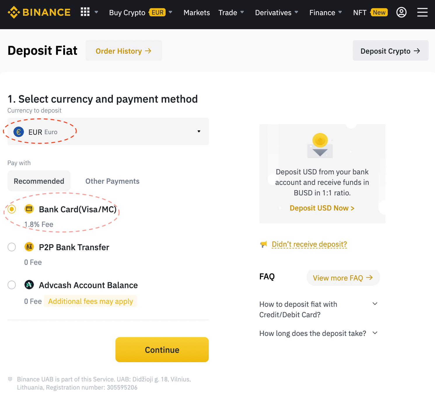 binance deposit address blank