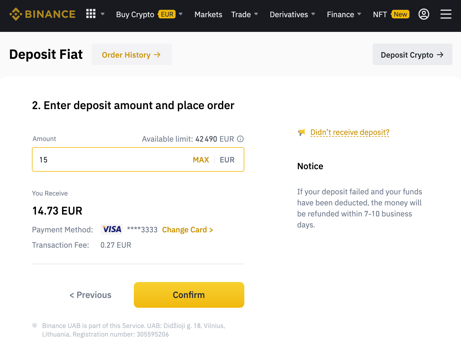 binance mastercard deposit failed