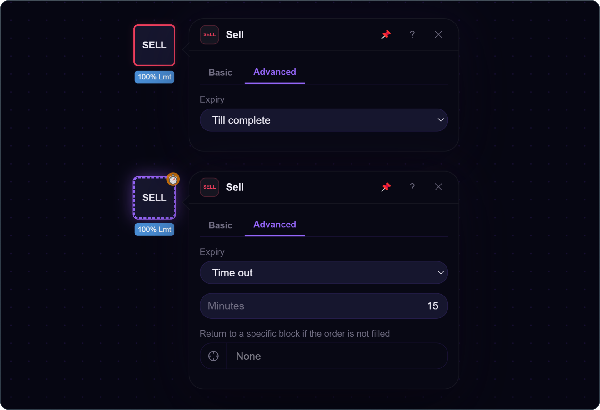 Configuración avanzada del bloque Sell