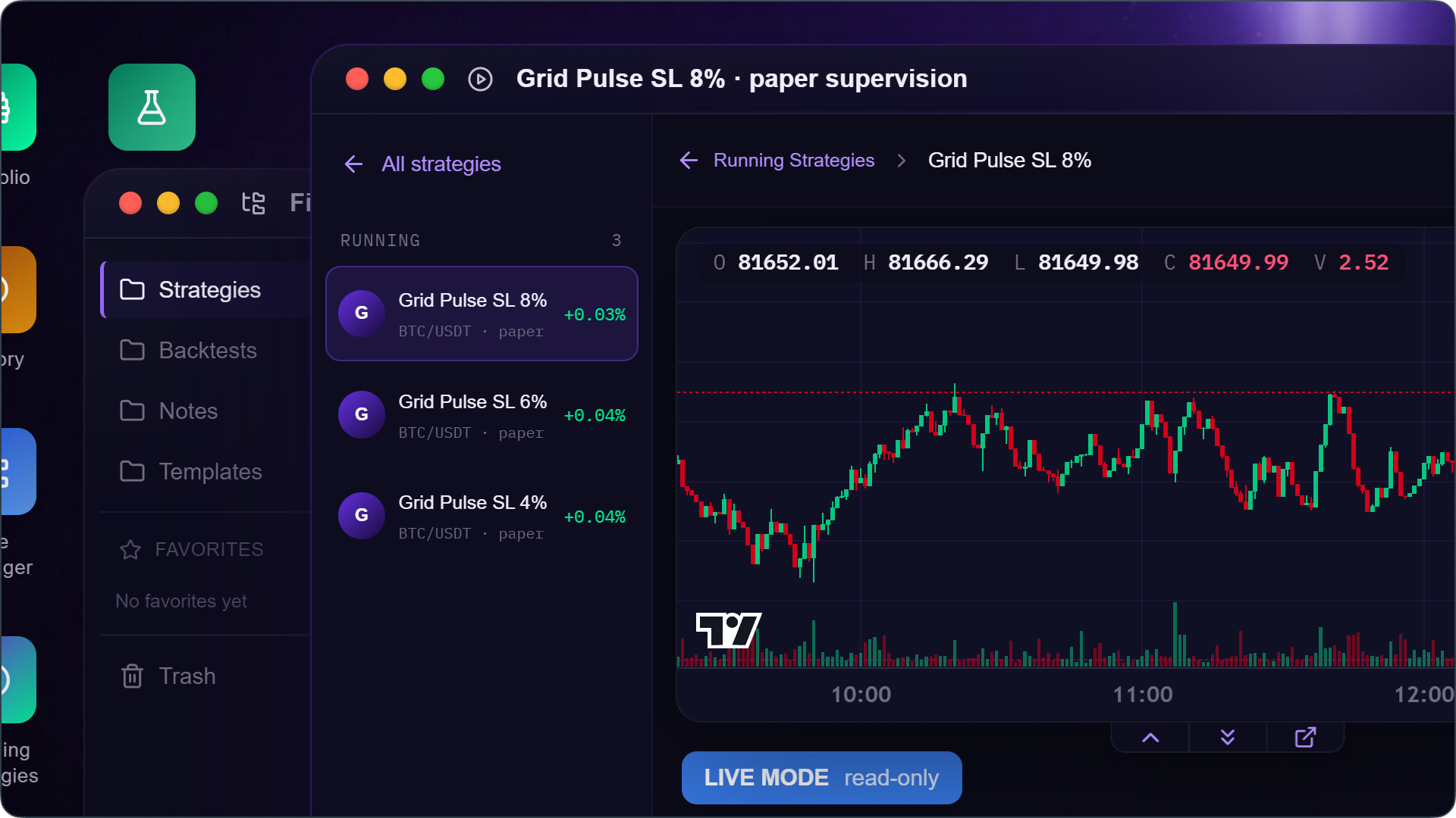 Three variants of the same strategy paper trading side by side in the Running Strategies app