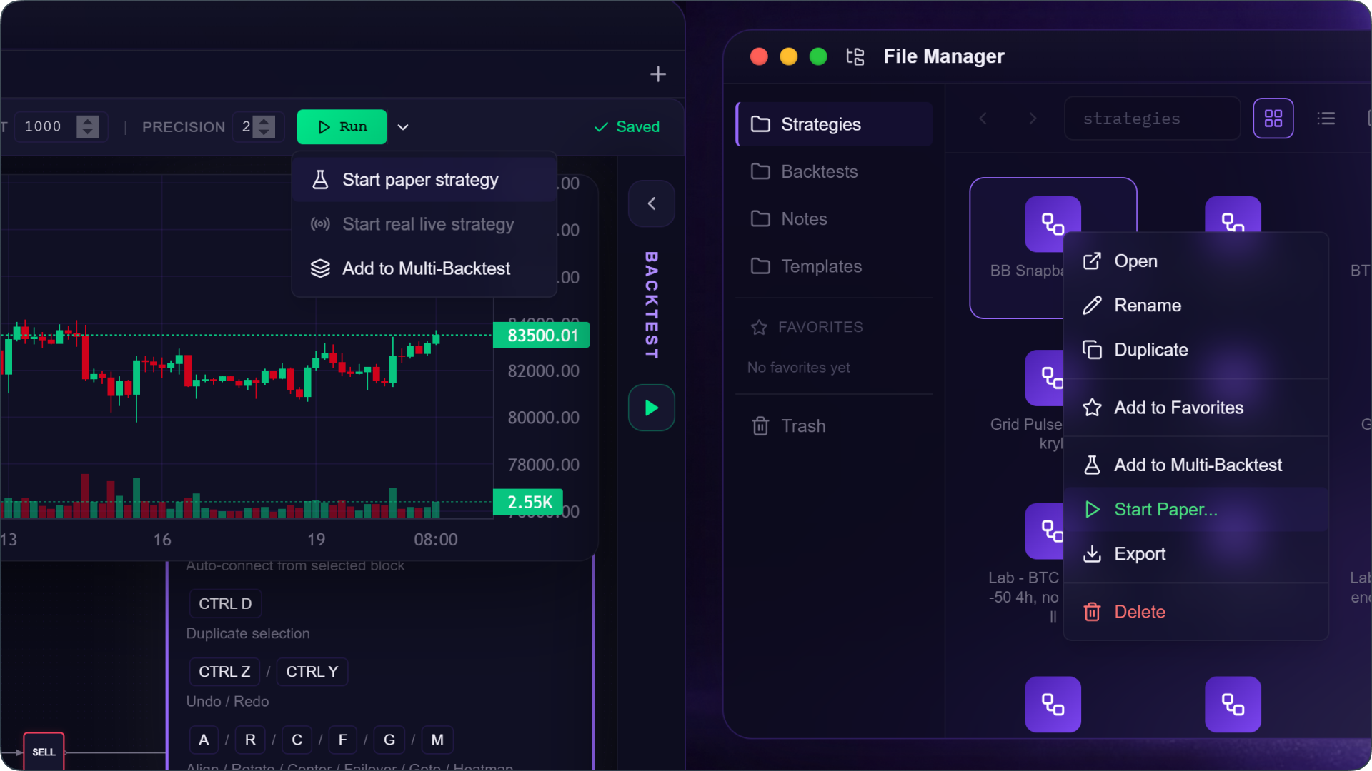 The Run button menu in the Strategy Editor and the File Manager right-click menu, showing Start paper strategy and Start Paper…